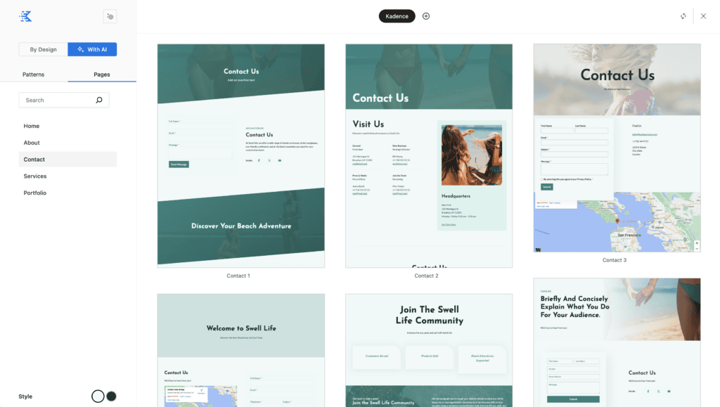 Kadence Design Library with AI shows fully built personalized pages available in light and dark mode
